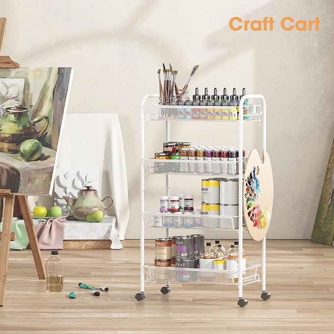 TOOLF 4 Tier Rolling Cart, Metal Utility Storage Cart with Wheels, White | 3 Hooks, Screwless Assembly, Trolley Organizer for Bathroom, Kitchen, Office, Nursery, Dorm, Laundry Room