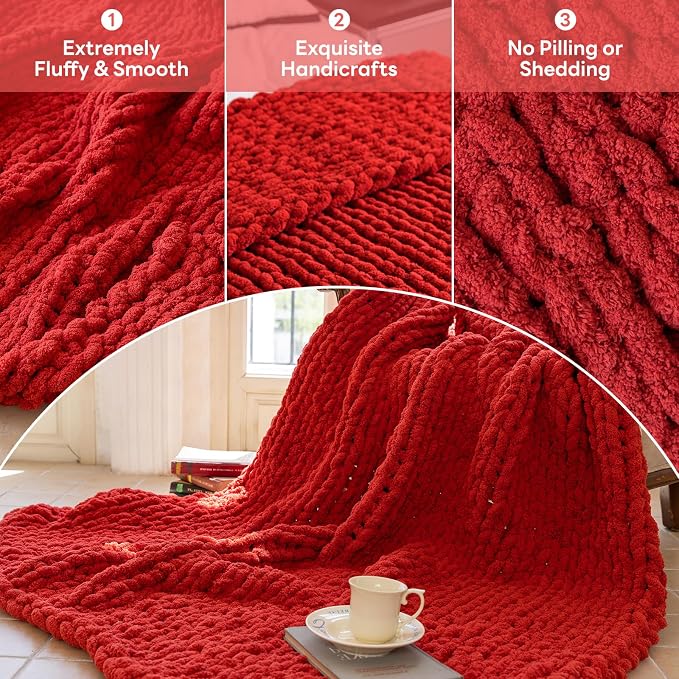 Chunky Knit Blanket - Luxury Soft Cozy 50 * 60 Throw Blanket,100% Woven Blanket Rope Knot Throw Blanket for Couch, Sofa, Home Decor, Gift - Machine Washable (Wine red, 50 * 60)