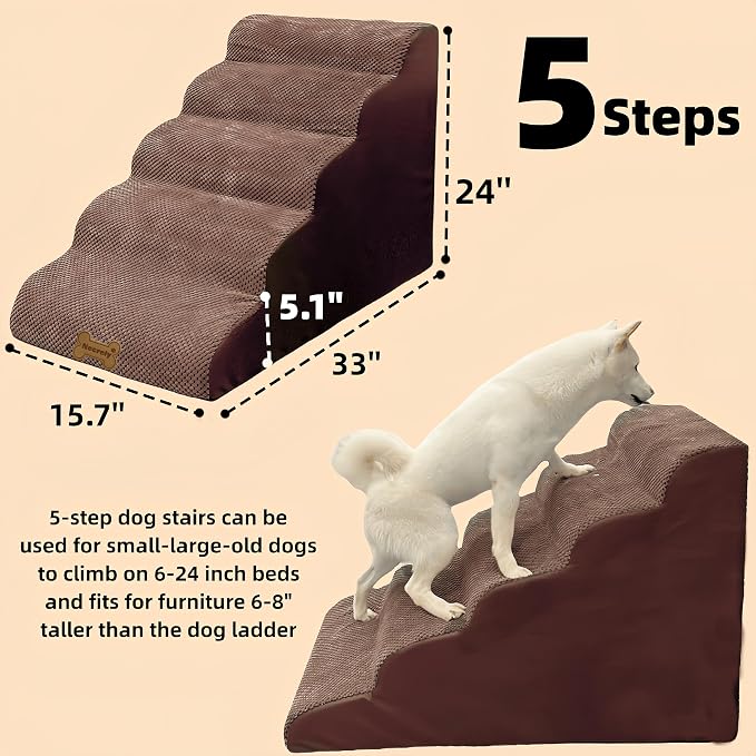 Dog Stairs & Pet Ramp for Small/Large Dogs to High Beds/Couches - 5 Steps 24-inch Height for 18-30 inch Furniture, 2 Washable Covers (Brown, Grey), Non-Slip Balanced 33D Design for Old Dogs & Cats