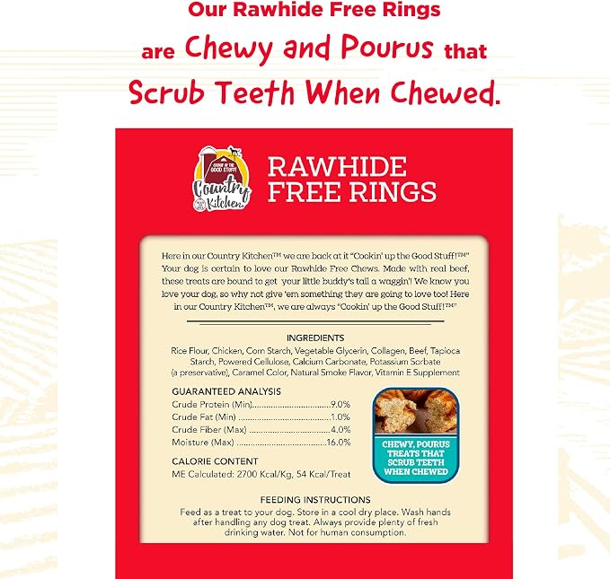 Country Kitchen Rawhide Free Beef Rings Dog Chews, 7 Count | Made with Real Beef, Highly Digestible, Gluten Free
