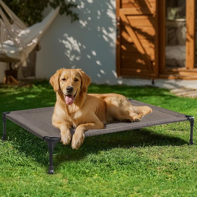 Veehoo Outdoor Elevated Dog Bed Large Sized Dogs, Cooling Raised Dog Cots | Off-ground training platform, portable camping hammock, breathable mesh, easy to clean, no-tool setup, 45"x33", Brown