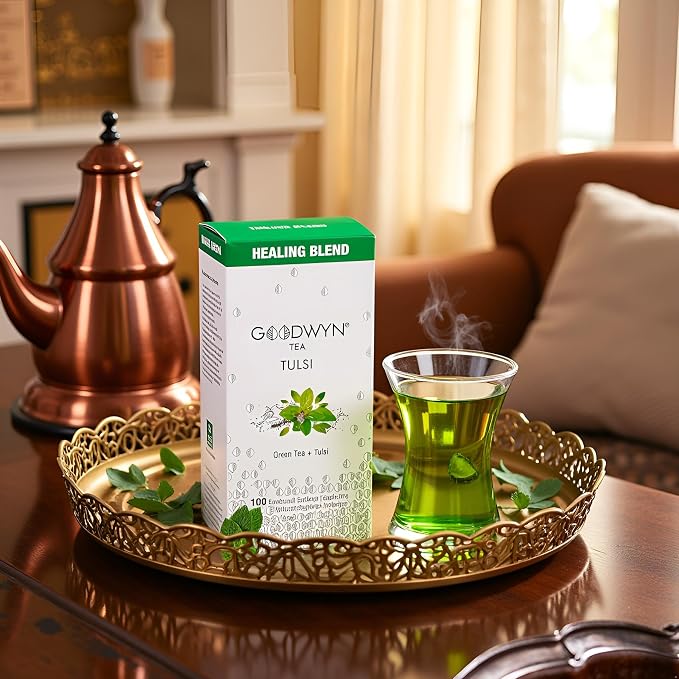 Goodwyn Herbal Tulsi Tea Bags Holy Basil Green Tea 100 Individually Wrapped Bags Low Caffeine Sugar Free Plastic Free Daily Wellness Herbal Tea Indian Origin Chai Eco Friendly
