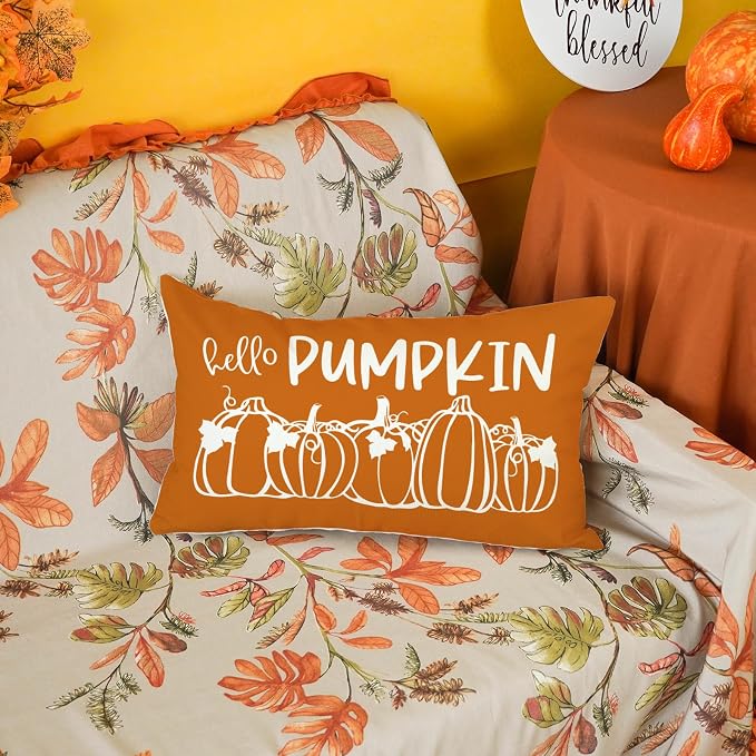 ONWAY Fall Pillow Cover 12x20 Hello Pumpkin Decorative | Throw Cushion Case for Couch Sofa Farmhouse Decor Autumn Thanksgiving Pillowcase for Home Decorations