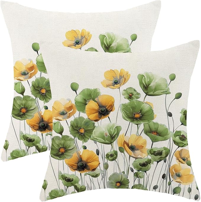 Spring Floral Pillow Covers 18x18 Set of 2 Yellow Green Flower Decorative Throw Pillow Cover Decoration Summer Seasonal Pillowcase Farmhouse Decorative Cushion Cover For Home Sofa Outdoor Decor
