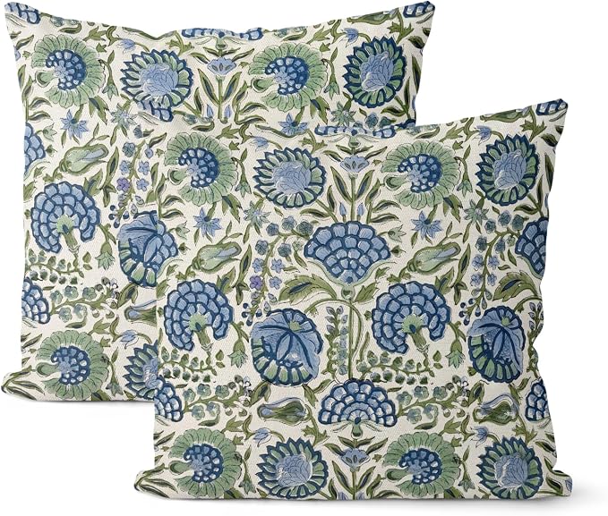 Block Print Pillow Covers 18x18 Inch Pack of 2 Boho Blue Sage Green Floral Decor Throw Pillow Covers Spring Summer Flower Pillowcase Outdoor Farmhouse Decorative Cushion Cover for Couch Sofa