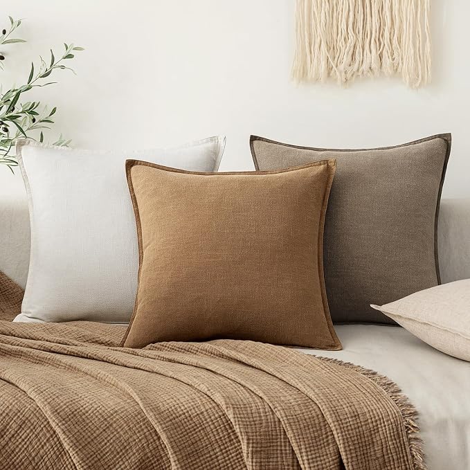 EMEMA Euro Sham Decorative Linen Throw Pillow Covers 22x22 Inch Fall Brown | Boho Farmhouse Neutral Couch Throw Pillows for Bed Pack of 2 Accent Pillowcase Modern Sofa Cushion Livingroom Home Decor