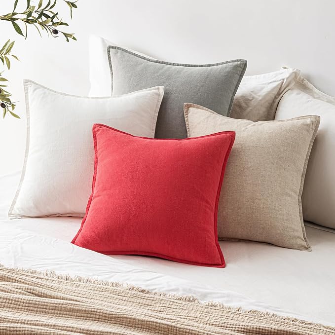 EMEMA Euro Sham Decorative Linen Throw Pillow Covers 24x24 Inch Red | Boho Farmhouse Neutral Couch Throw Pillows for Bed Pack of 2 Accent Pillowcase Modern Sofa Cushion Livingroom Home Decor