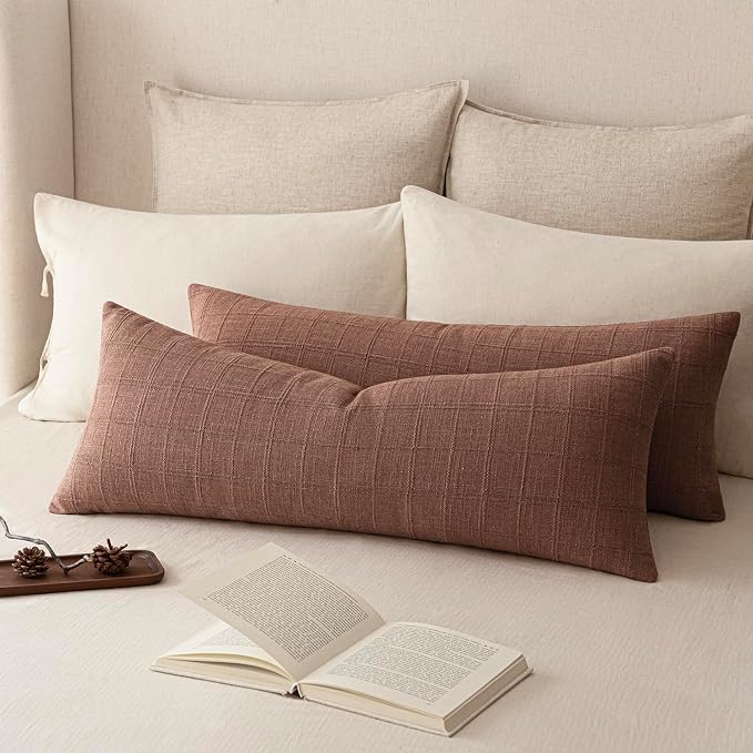 Foindtower Set of 2 Decorative Linen Check Throw Pillow Covers Neutral Farmhouse Vintage Cushion Covers Cozy Modern Boho Home Decor for Sofa Chair Couch Bedroom Living Room,14×36 Inch,Autumnal Red