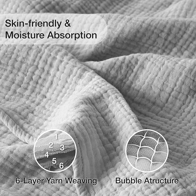 100% Cotton Muslin Blanket King 108" x 90", Breathable and Lightweight Cotton Throw Blankets for Bed, Soft Cooling Summer Gauze Blanket for Adults All Season, Light Grey
