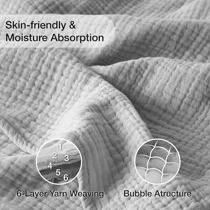 100% Cotton Muslin Blanket 50" x 60", Breathable and Lightweight Cotton Throw Blankets for Couch, Soft Cooling Summer Gauze Blanket for Adults All Season, Light Grey