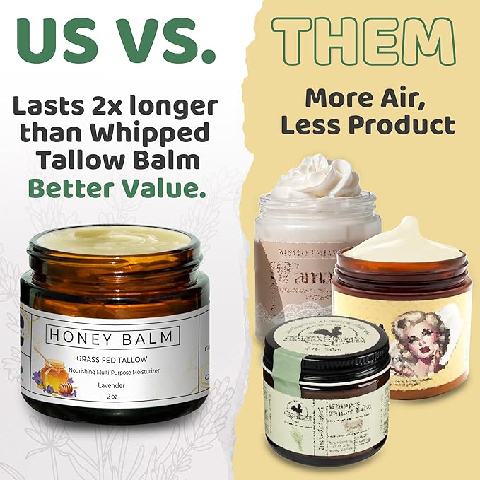 Tallow Honey Balm, Organic Body Butter, Grass-Fed Beef Tallow for Skin, Soothing All-Natural Moisturizer for Body and Face | Made in USA - 2 oz (Sandalwood Vanilla)