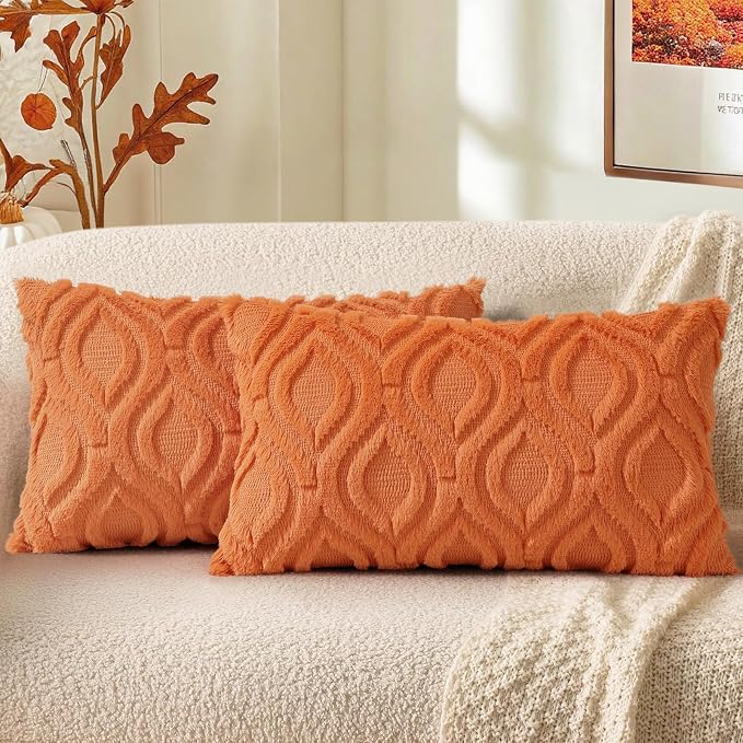 decorUhome Faux Fur Plush Soft Orange Throw Pillow Covers 12x20 Set of 2 | Plush Solid Fall Couch Pillow Covers, Accent Modern Farmhouse Neutral Decorative Square Pillow Cases for Sofa Bed Living Room