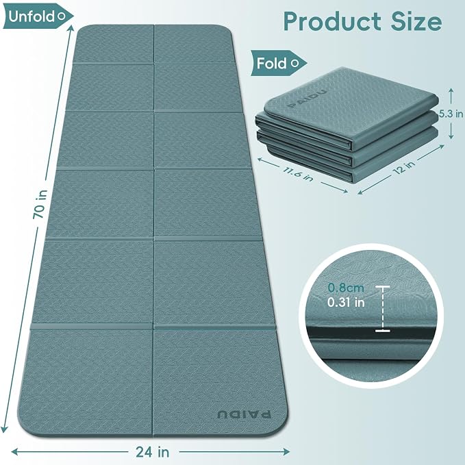 PAIDU Foldable Yoga Mat for Travel, 70"x24"x0.31" (8MM) TPE Double-Sided Non-Slip Pilates Mat with Carrying Bag for Yoga, Pilates, Fitness and Home/Outdoor Workouts