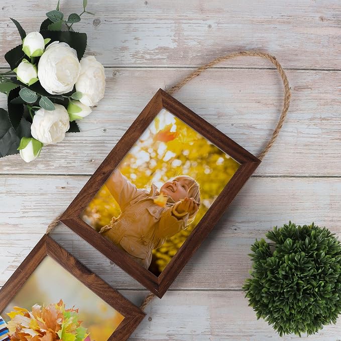 QUTREY 5x7 Collage Picture Frames, 6 Openings Hanging Photo Frame Set Display Vertical 5 by 7 inch Pictures for Wall Decor, Rustic Walnut Brown, 2 Pack