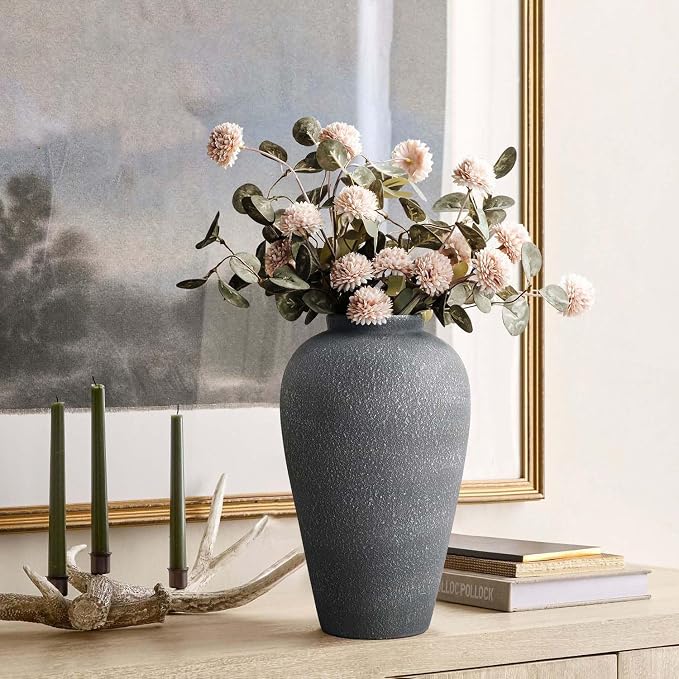 Black Ceramic Vase 9.2 inch, Large Farmhouse Table Vases, Tall Rustic Decorative Vases for Home Decor, Living Room Coffee Dining Shelf Mantel Decoration, Gray Black
