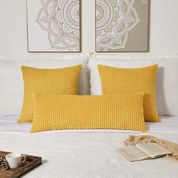 Kevin Textile Soft Corduroy 14"x36" Pillow Cover 1 Pack, Mustard Yellow | Boho Stripe Plush Corduroy Decorative Oblong Cushion Cover Modern Farmhouse Home Decor for Sofa Couch Bed Chair