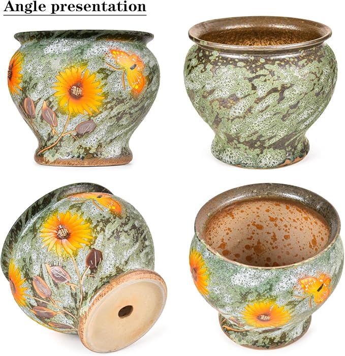 Sungmor 9 Inch Hand Painted Ceramic Succulent Plant Pots - Green & Daisy | Vintage Decorative Pottery Planters for Indoor Outdoor Plants, Table Centerpieces & Flower Arrangement Home Decor