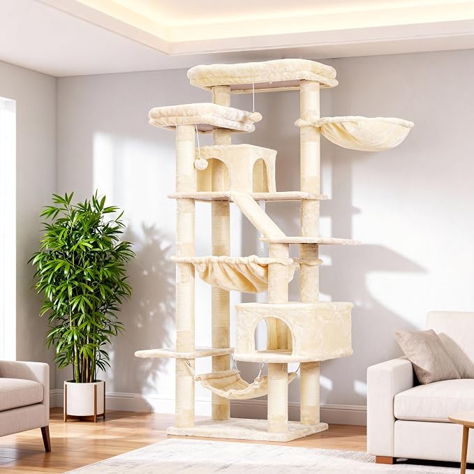 Heybly Cat Tree, 71-Inch-Tall Tower for Indoor Cats with 2 Perches HCT034M | Large Cat Furniture with 2 Big Condos, 2 Hammocks, Basket, Scratching Pad, Multi-Level Cat Condo, Beige