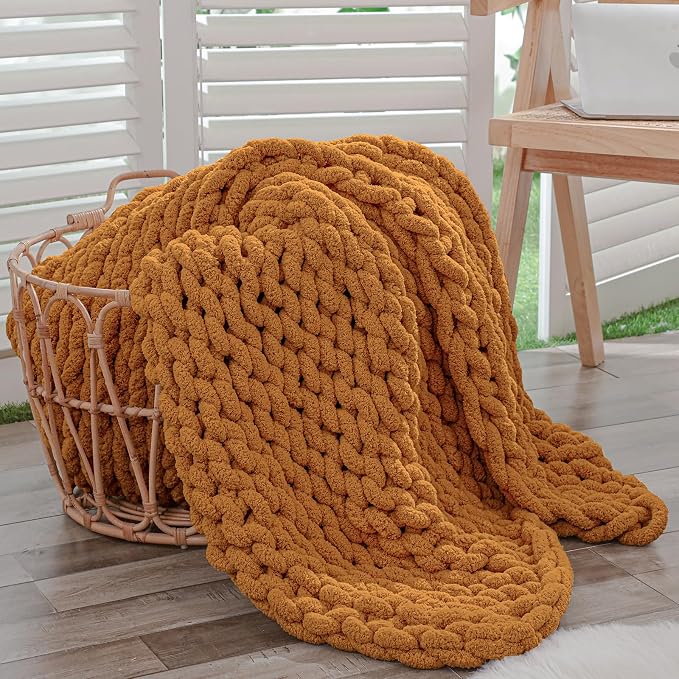 Bigacogo Chunky Knit Throw Blanket for Couch, 40x60 inches, Burnt Orange | Hand Knit with Jumbo Chenille, Soft Breathable Cable Knit for Sofa Bed Living Room, Machine Washable, Gift for Mom Friend