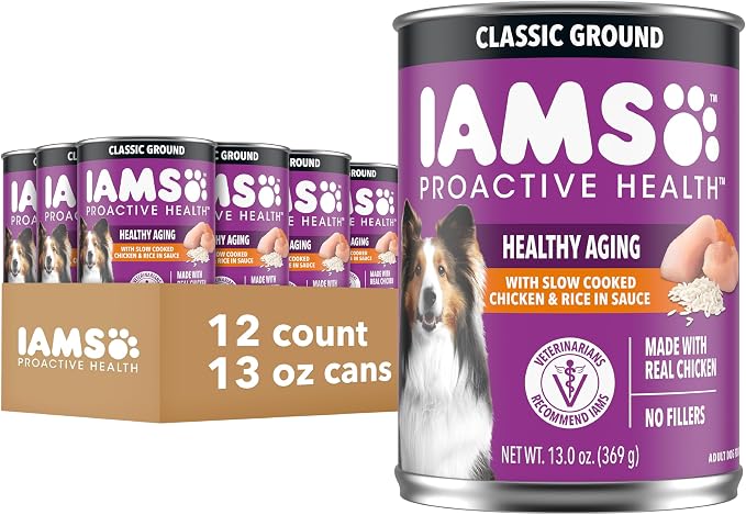 IAMS Proactive Health Senior Ground Wet Dog Food, Chicken, 13 oz, 12 Pack | Real chicken first ingredient, DHA Gold for mental & visual sharpness, glucosamine & chondroitin, boosts immune response