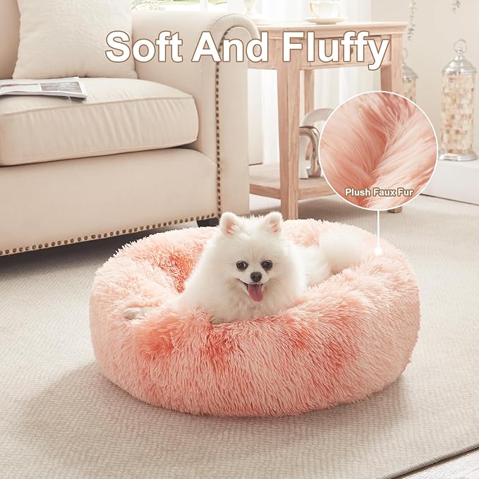 23 in Faux Fur Fluffy Donut Dog Bed for Small Dogs,Tie-dye Pink | Calming Plush Round Puppy Pet Bed with Removable & Washable Cover,Fits up to 25 lbs Pets