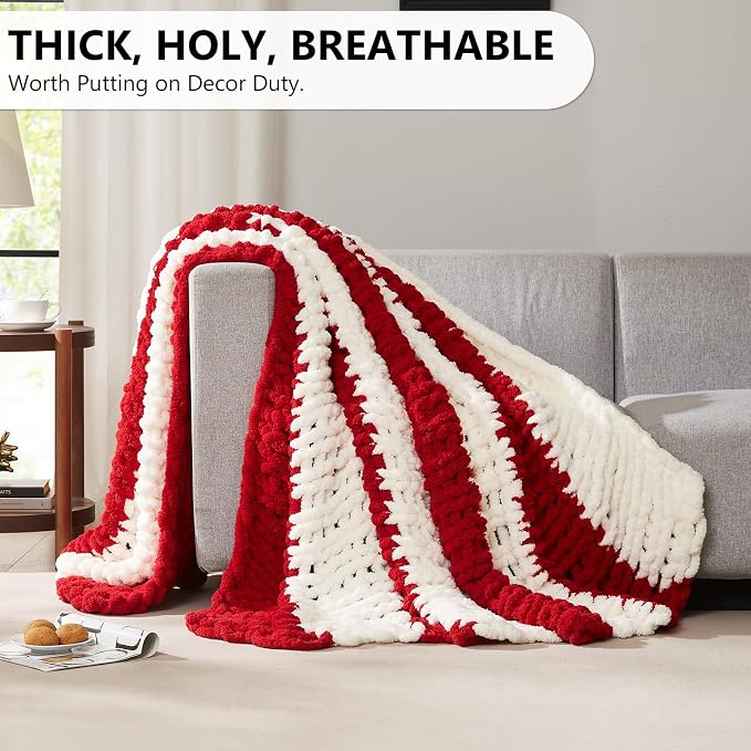 L'AGRATY Chunky Knit Throw Blanket for Couch, 80 x 90 Inches, Red White | Handmade Chenille Crochet Blanket for Sofa Bed, Thick Cable Knitted Blankets for Room Home Decor, Birthday Gift for Women Mom