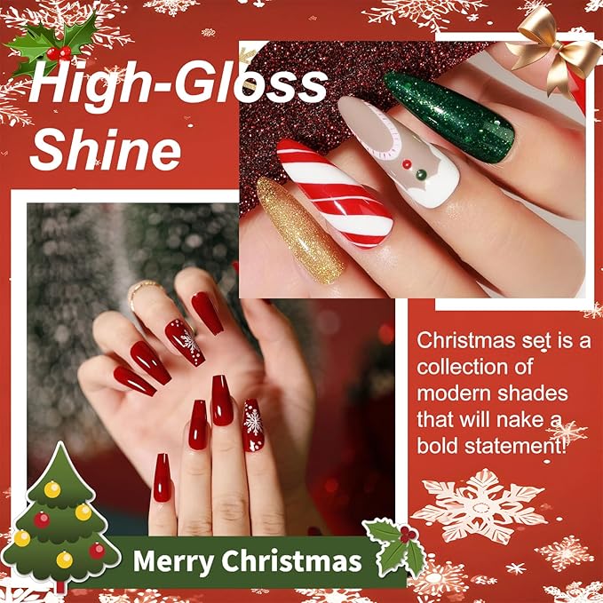 Red Christmas TPO Free Gel Nail Polish Set,6pcs 10ml red gold Green Glitter Sparkle Winter Long-lasting Soak Off UV Light Cure Gel Polish Kit for Salon and as a Gift for Daily Life at Home