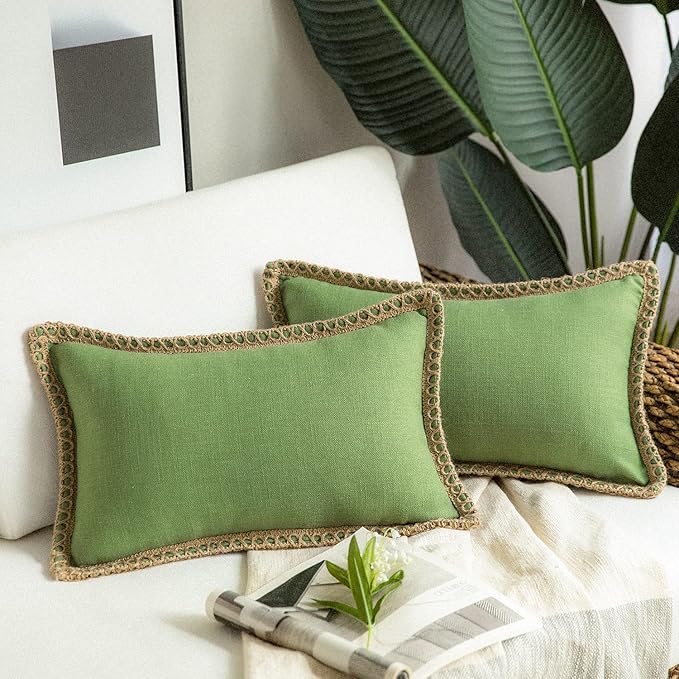 Phantoscope Pack of 2 Farmhouse Decorative Throw Decorative Pillow Cover Burlap Linen Pillow Covers Trimmed Tailored Edges Green, Plain, 12 x 20 inches, 30 x 50 cm