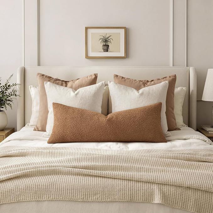 MIULEE Textured Boucle Lumbar Pillow Cover for Bed 14x36 Brown | Pack of 1 Textured Neutral Fall Couch Throw Pillow Cover, Accent Solid Long Body Pillowcase, Sofa Living Room Home Decor