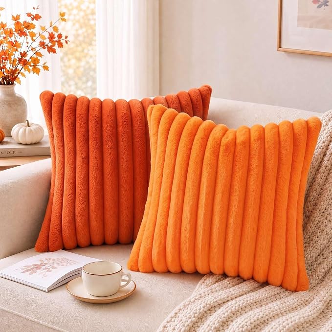 Pallene Faux Fur Fall Throw Pillow Covers 22x22 Set of 2, Burnt Orange | Luxury Plush Texture, Striped Design, Cozy Soft Touch, Modern Home Accent Decor for Couch, Sofa, Bed, Living Room