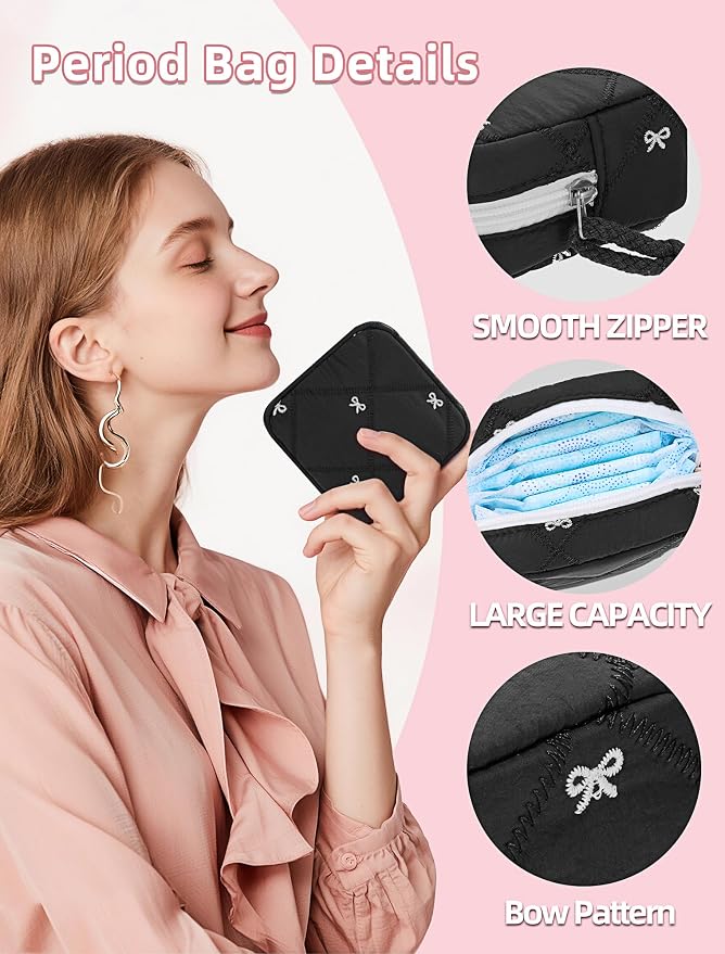 Period Bag for Girls, Quilted Period Pouch for Women, Sanitary Napkin Storage Bag Menstrual Pad Pouches Tampon Holder for Purse Pad Bag Gifts for Teen Girls(Black)