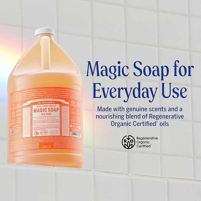 Dr. Bronner's Pure-Castile Magic Soap Liquid (Tea Tree, 1 Gallon) – Made with Regenerative Organic Oils, 18-in-1 Uses for Face, Hair, Laundry, Dishes, Hand Soaps & Body Wash – Natural, Vegan, Non-GMO