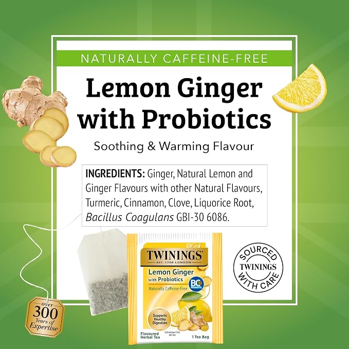 Twinings Superblends Probiotics+ Lemon & Ginger Flavoured Herbal Tea with Turmeric, Caffeine-Free, 18 Count (Pack of 2), Enjoy Hot or Iced, 18 Teabags