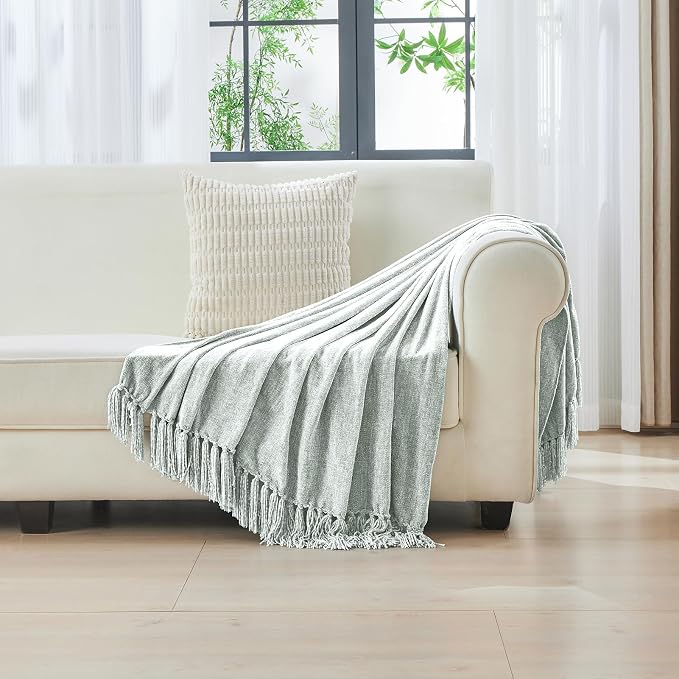 CozeCube Chenille Throw Blanket, Baby Blue Fringe Blanket, 60"X80" | For Couch, Cozy Plush Fuzzy Decorative Blanket with Fringe Tassels, Lightweight Throws for Bed Sofa Gift Home Decor