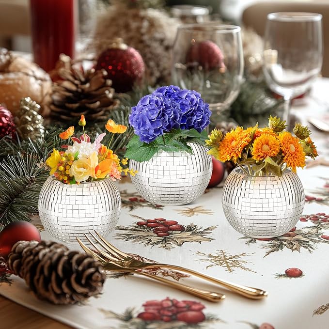 6Pcs Disco Ball Vase Set – Mirror Vases for Table Centerpieces, Real Glass Mosaic Flower Planter for Wedding, Birthday, Home Décor & Party Decoration – Sparkling Retro Disco Ball Home Accent