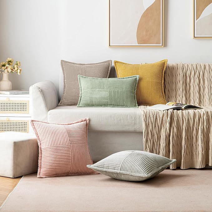 MIULEE Decorative Throw Pillow Covers for Couch 16x16 Inch Light Brown | 2 Pack, Boho Broadside Striped Patchwork Pillow Covers, Soft Corduroy Cushion Cases, For Sofa Bed Livingroom Home Decor