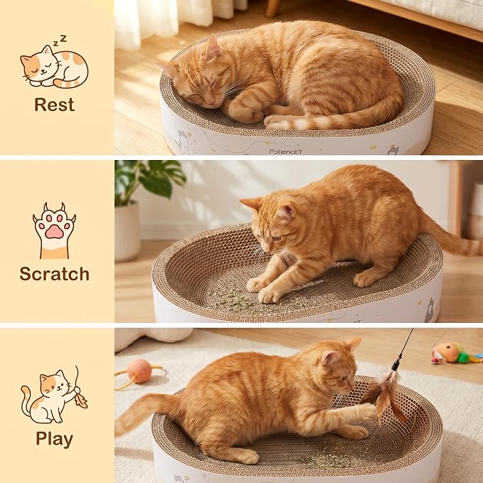 PatiencET 2-in-1 Oval Cat Scratcher Bed, Cardboard Lounger Scratch Bowl | Pad for Indoor Cats and Kittens, Corrugated Kitty Scratching Board, Durable Furniture Protector