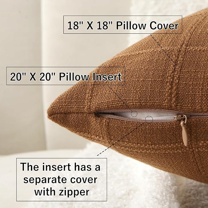 18" x 18" Decorative Throw Pillow with Inserts, Set of 2 Modern Neutral Farmhouse Vintage Throw Pillows, Square Boho Pillow for Couch, Bed, Sofa Decor (Brown, 18" x 18"(Pack of 2))