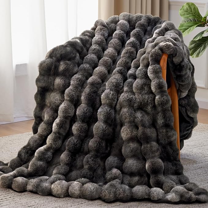 Anysay Faux Fur Throw Blanket, 1000GSM Fluffy Soft Bubble Blanket 60''*80'' | Cozy Plush Warm and Thick Blanket for Couch Bed, Fuzzy Rabbit Throw for Living Room Bedroom Tie-dye Grey