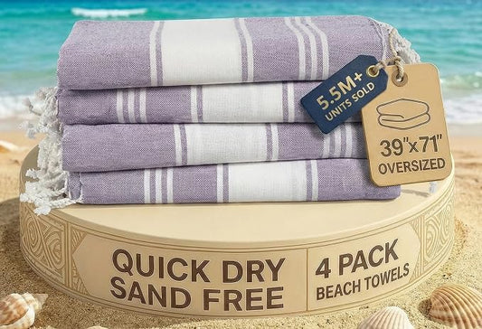 LANE LINEN Beach Towels 4 Pack Oversized - Turkish Towel Set, Pre-Washed Oversized Beach Towel, Quick Dry Beach Towels for Travel, Large Pool Towels, 39"x71" - Day Break