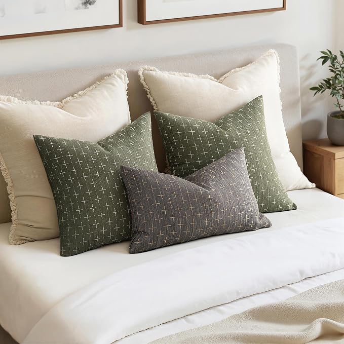 MIULEE Pack of 2 Decorative Vintage Burlap Linen Euro Sham Spring Throw Pillow Covers for Sofa Couch Bed 24x24 Inch Modern Farmhouse Pillowcase Rustic Woven Textured Cushion Cover Olive Green