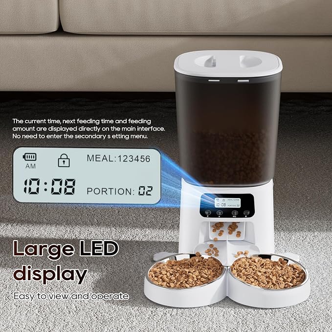 Petrice Automatic Cat Feeder for 2 Cats, 6L/25 Cups Cat Food Dispenser Programmable 30 Portions 6 Meals per Day, Timed Pet Feeder for Kitty Small Dogs with 10S Voice Record, Easy Setup, White