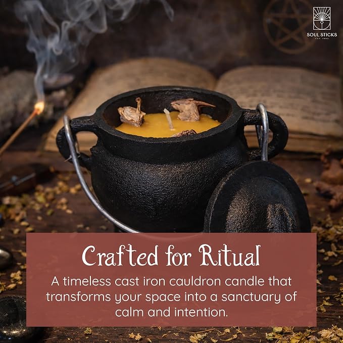 Reusable 4-Inch Cast Iron Cauldron Candle with Lid and Hanging Handle | Ritual & Aromatherapy Candle for Spell Casting, Smudging, Home Cleansing | Herb-Infused with Essential Oils (Sandalwood)