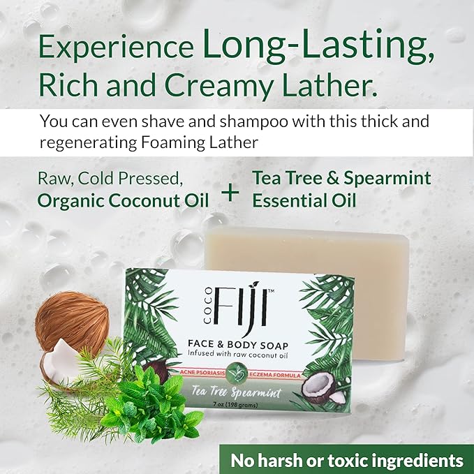 "Coco Fiji Soap Bar for Face and Body Infused With Organic Coconut Oil, Tea Tree Spearmint Essential Oil, Natural Soap for Moisturizing & Pore Purifying Skin, 7 oz, Pack Of 3 "