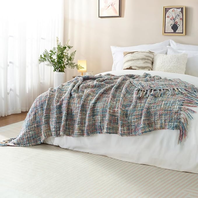 Multi-Color Cable Woven Throw Blanket for Couch - 60"X80" | Multicolored Boho Style,Super Soft Warm Cozy Chunky Blankets with Decorative Tassels for Bed and Sofa,Pink Blue