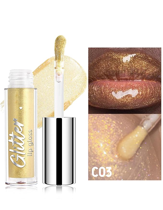 Erinde Glitter Shimmer Lip Gloss, Hydrating High-Shine Glimmer Finish & Sheer Wash Of Color Lip Oil, Non-Sticky, Moisturizing Lip Makeup, Bling Sparkle Lip Gloss Lipstick, Vegan & Cruelty-Free, 03