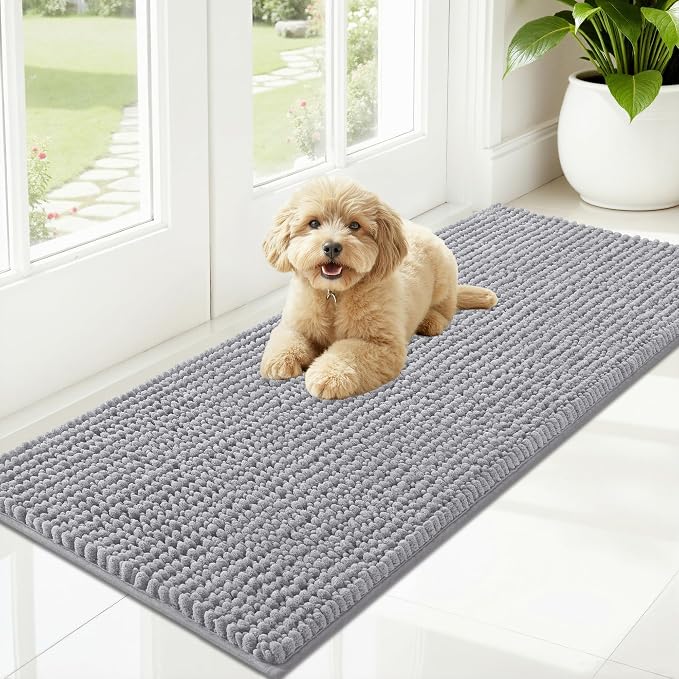 OLANLY Dog Door Mat for Muddy Paws 47x20, Extra Absorbent Chenille Mud Mat | Light Grey, Absorbs Moisture and Dirt, Non-Slip Machine Washable Doormat, Quick-Drying Indoor Entryway Floor Mat for Dogs