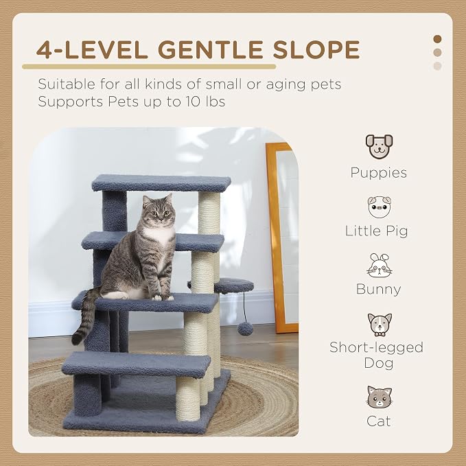 PawHut 4 Levels Cat Steps Pet Stairs Carpeted Ladder for High Bed Gray | Kitten Tree Climber, Scratching Posts, Hanging Play Ball, Side Step, for Sofa