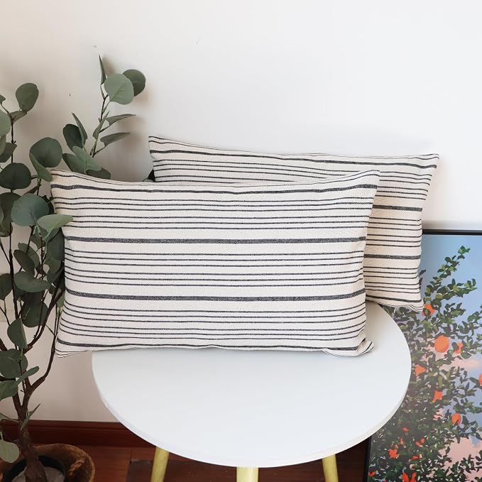 Black Striped Outdoor Lumbar Pack of 2 Throw Pillow Covers 12x20 | Farmhouse Pillow Cases Decorative Throw Pillows for Couch Sofa Bed Black and Cream