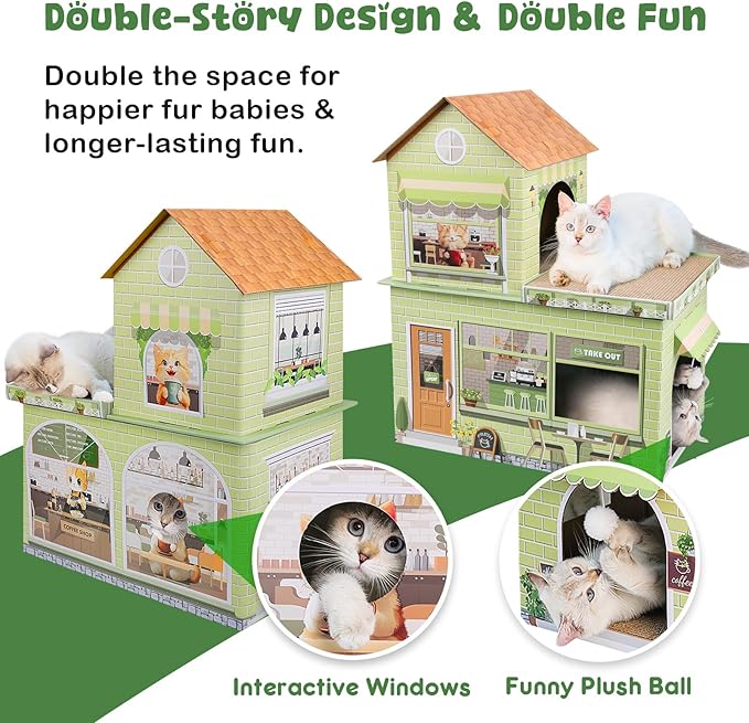 Cardboard Cat Houses for Indoor Cats Kitten Scratcher Houses Cafe Themed | Cat Condos Hut Hideout Play House Bed with Scratching Pads, Scratch Box for Large Kitty Rabbit Bunny Small Animals